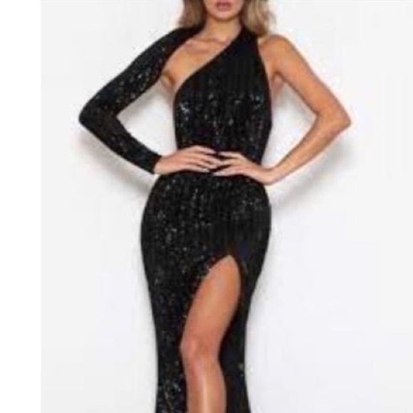 ABYSS BY ABBY BURGUNDY SEQUIN LONG SLEEVE ONE SHOULDER CUT OUT BACKLESS DRESS - Picture 6 of 7